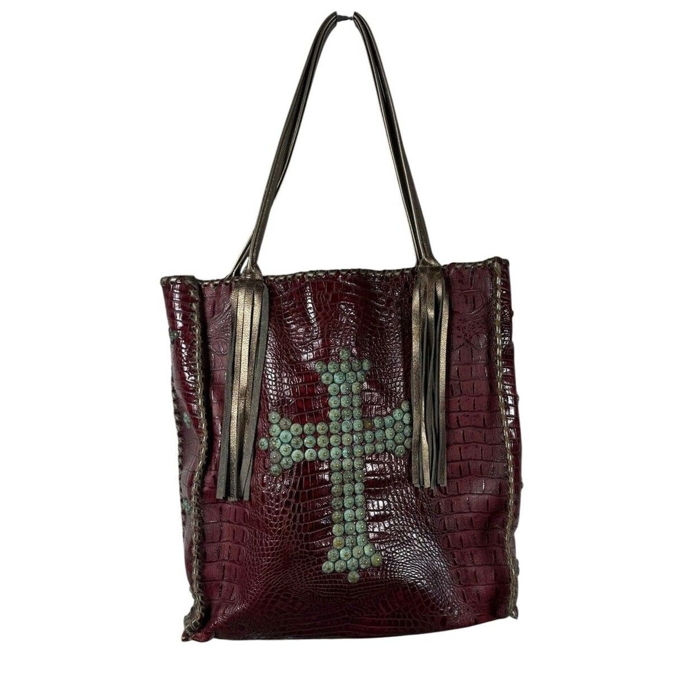 KurtMen Designs Leather Tote Cross Studded Western Boho Croc Embossed Bag